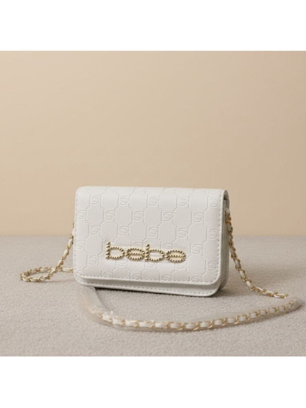 NWT Bebe Celia Monogram Flap Crossbody Bag White Gold Chain Small Purse